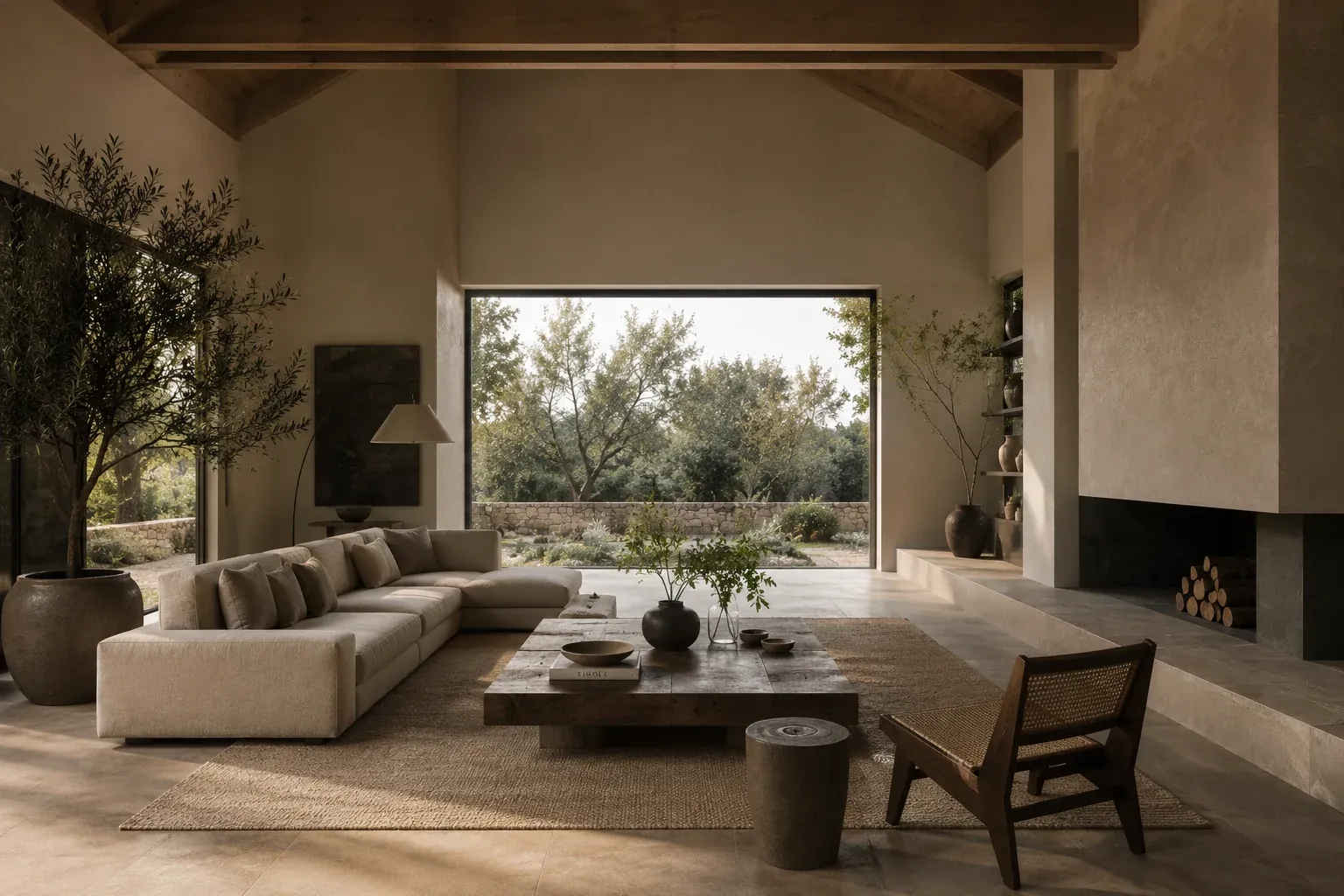 Timeless farmhouse living room with natural light and warm materials