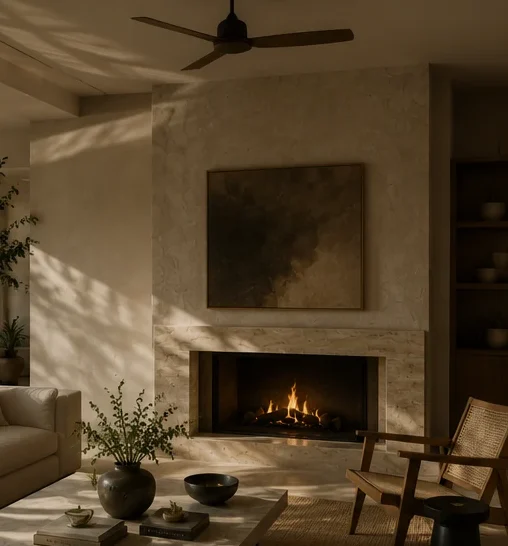 The living room, gathered around a stone fireplace